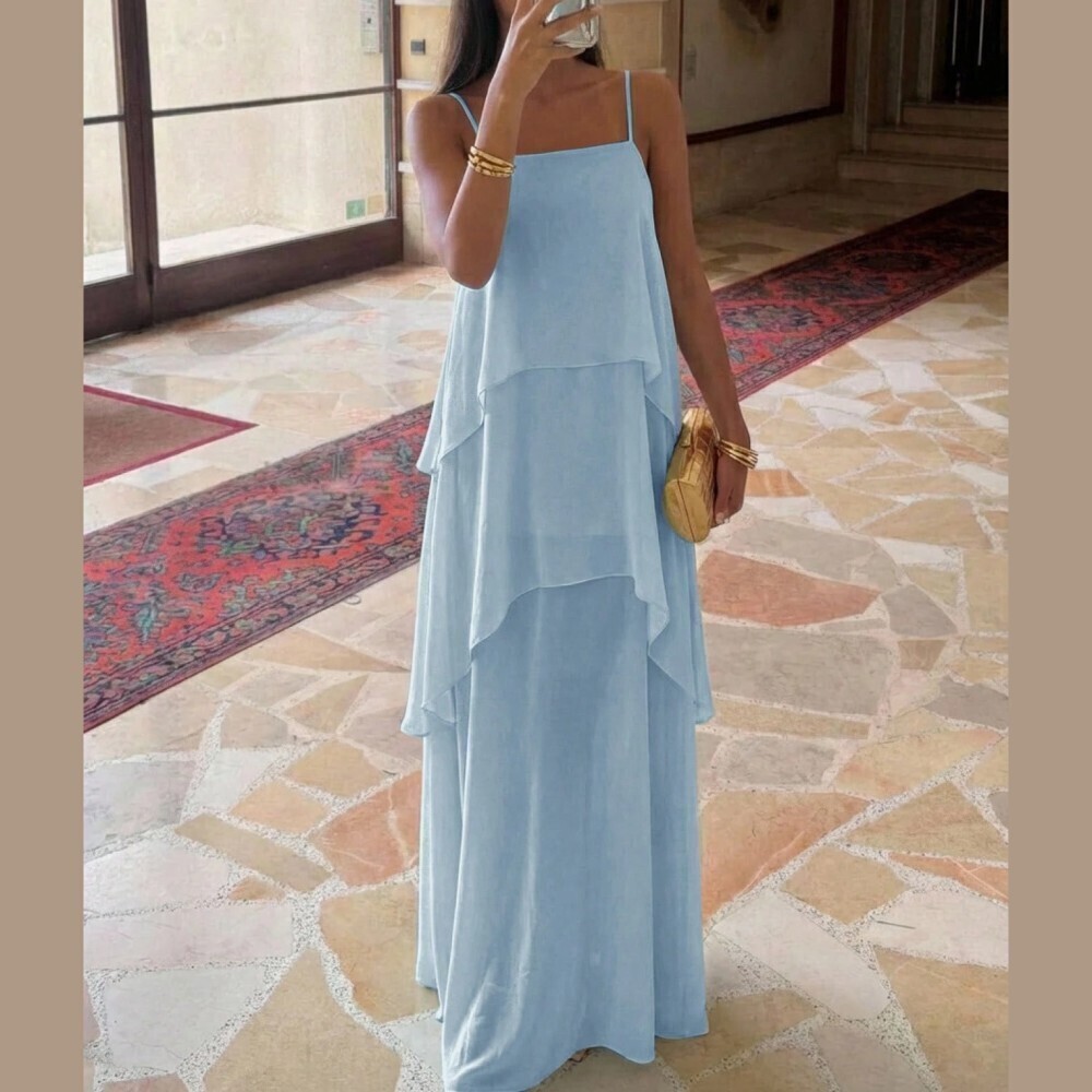 Sky Blue Sheer Chiffon Tiered Ruffle Spaghetti Strap Maxi Dress